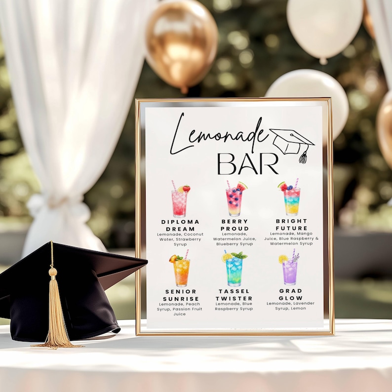Lemonade Bar Sign, Lemonade bar Mocktail Print, Graduation Party Drink Menu Template Poster Non Alcoholic Bar Grad Birthday Table Sign Decor image 3