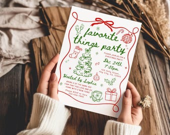 Favorite Things Holiday Party Invitation Template, Christmas Gift Exchange Invite Red Green Whimsical hand drawn Girls Night Christmas Party
