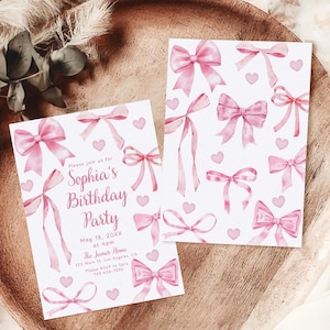 May include: Two white rectangular invitation cards featuring watercolor pink bows and small hearts. The text reads: Please join us for Sophia's Birthday Party, May 18, 20XX at 4pm, The James Home, 123 Main St. Los Angeles, CA, Please RSVP to Sara 123-456-7890.