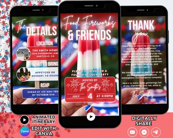 Digital 4th of July Party Invitation Template, Fourth of July BBQ Invite Red White Blue Independence Day Popsicle Barbeque Invite Phone