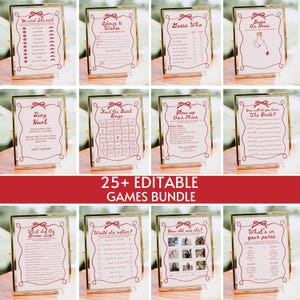 Paquete de juegos de despedida de soltera dibujados a mano, paquete de juegos de despedida de soltera en rosa ondulado, conjunto de actividades para una despedida de soltera coqueta y caprichosa, plantilla editable