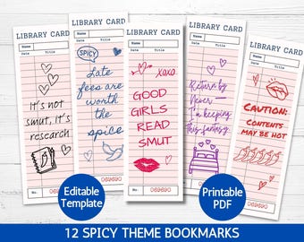 May include: Five rectangular bookmarks designed as vintage library cards with pink lined paper. Each features unique text and illustrations including hearts, lips, chili peppers, and a bed, with phrases like It's not smut, it's research and Caution: contents may be hot.