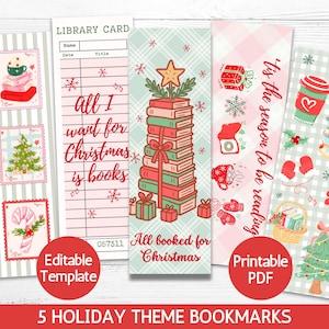 May include: Set of five holiday-themed bookmarks with festive illustrations. Designs include a stack of books, Christmas tree, gifts, and the text "All I want for Christmas is books" and "All booked for Christmas". The bookmarks are in red, green, and pink.
