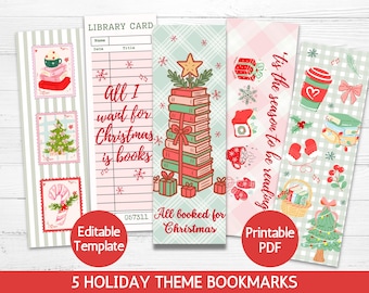 Può includere: Set di cinque segnalibri a tema festivo con illustrazioni festive. I disegni includono una pila di libri, un albero di Natale, regali e i testi "All I want for Christmas is books" e "All booked for Christmas". I segnalibri sono rossi, verdi e rosa.