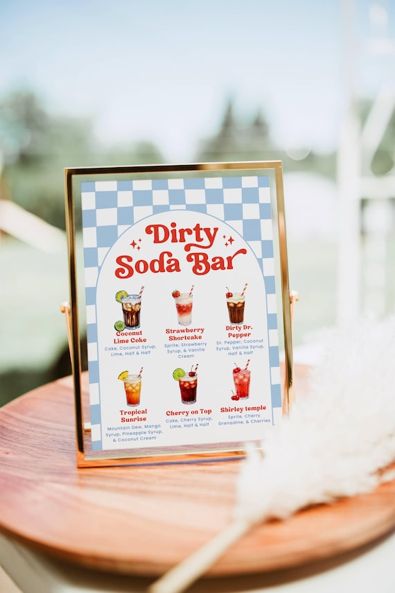 Ready to Pop Dirty Soda Bar Sign Template, Editable Canva Menu, Retro Blue Checkered Soda Bar, Baby Shower Drink Recipes, Instant Download