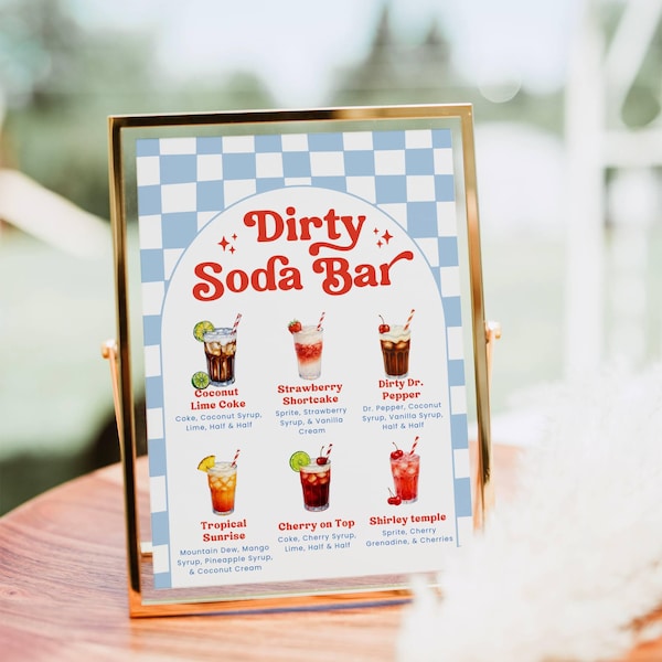Szablon szyldu „Gotowy do Popu” dla Dirty Soda Bar, Edytowalne menu Canva, Bar z napojami w niebieską kratkę w stylu retro, Przepisy na napoje na baby shower, Natychmiastowe pobieranie