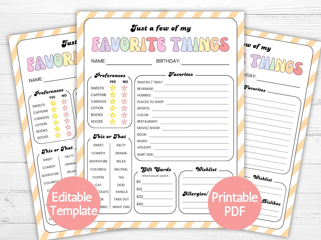 Favorite Things List Survey Questionnaire, Get to Know You Form ...