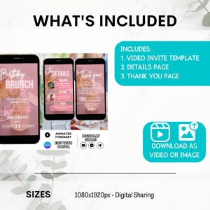 K&ouml;nnte beinhalten: Eine digitale Einladungsvorlage f&uuml;r einen Geburtstagsbrunch. Die Vorlage enth&auml;lt eine Videoeinladung, eine Detailseite und eine Dankesseite. Die Vorlage ist rosa und wei&szlig; mit einem Brunch-Thema. Die Vorlage kann in Canva bearbeitet und als Video oder Bild heruntergeladen werden. Die Vorlage ist 1080 Pixel mal 1920 Pixel gro&szlig;.