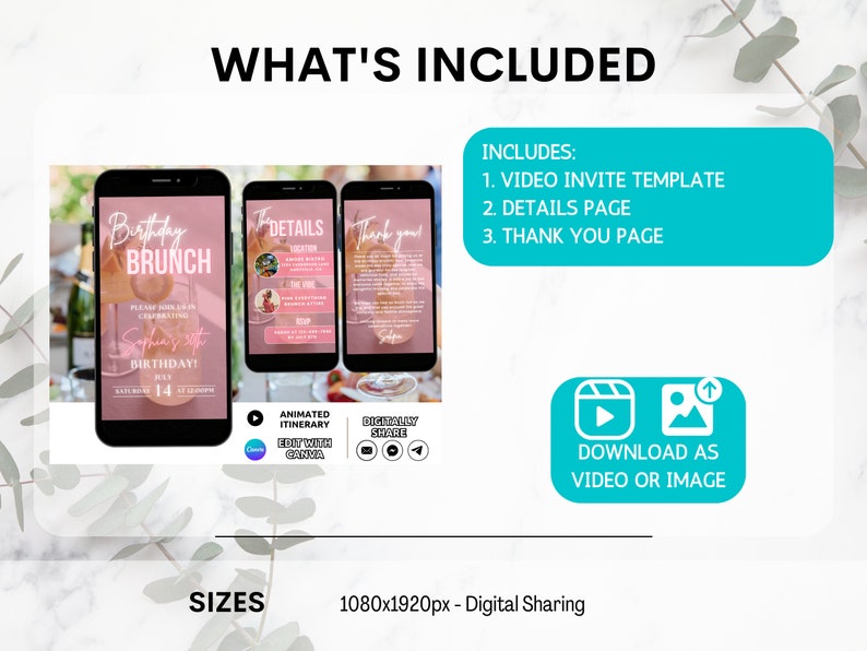 K&ouml;nnte beinhalten: Eine digitale Einladungsvorlage f&uuml;r einen Geburtstagsbrunch. Die Vorlage enth&auml;lt eine Videoeinladung, eine Detailseite und eine Dankesseite. Die Vorlage ist rosa und wei&szlig; mit einem Brunch-Thema. Die Vorlage kann in Canva bearbeitet und als Video oder Bild heruntergeladen werden. Die Vorlage ist 1080 Pixel mal 1920 Pixel gro&szlig;.