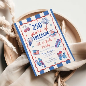 May include: A patriotic invitation for a 4th of July party. The invitation features a red, white, and blue color scheme with illustrations of fireworks, an ice cream cone, and a hot dog. The text reads "250 years of Freedom".