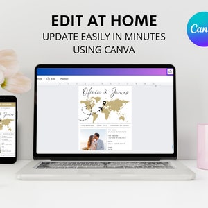 May include: A laptop screen displaying a wedding invitation template on Canva. The template features a passport design with a world map, a plane, and the text "Olivia & James".