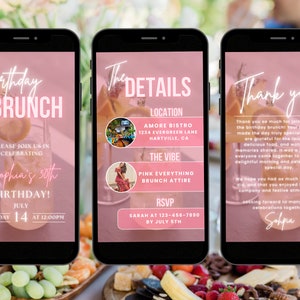 K&ouml;nnte beinhalten: Eine digitale Einladung in Rosa und Wei&szlig; f&uuml;r einen Geburtstagsbrunch. Die Einladung enth&auml;lt den Text "Birthday Brunch", "Sophia's 30th Birthday", "July 14" und "Saturday at 12:00pm". Die Einladung enth&auml;lt auch Details zum Ort, zur Stimmung und zu den RSVP-Informationen.