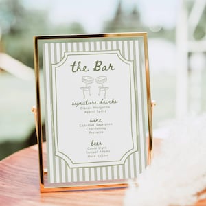Bar Menu Sign Template, Whimsical Hand drawn Signature Drink Bar Menu, Sage Green Stripes Wedding Shower Birthday Party Cocktail Bar Sign