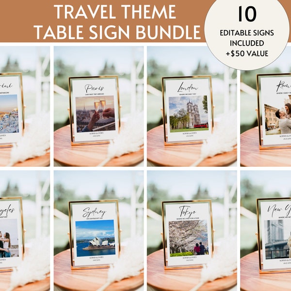 Travel Theme Wedding Photo Table Numbers Bundle, Destination Wedding Table Names, Anniversary Photo Table Numbers Wedding Signage Editable