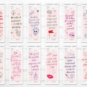 May include: Set of 12 library card-themed bookmarks with various handwritten phrases and illustrations. Each bookmark features a pink background with lines, and text such as "Trigger Warning" and "Love Me Like Your Favorite Sin."