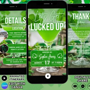 Könnte beinhalten: Eine digitale Einladung zu einer St. Patrick's Day Party mit einem grünen Cocktailglas und Kleeblatt-Grafiken. Die Einladung enthält die Details der Party, einschließlich Ort, Zeit und RSVP-Informationen. Der Text auf der Einladung lautet "Let's Get Lucked Up".