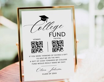 College Fund QR Code Sign Template, Modern Minimalist Graduation Party Sign, Custom High School Grad Table Sign, Cash QR Code Sign Editable