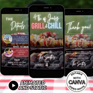 4th of July BBQ Invitation Template, Digital Grill and Chill Party Invite Animated, July 4th Cookout Barbeque Party Celebration Invite Phone