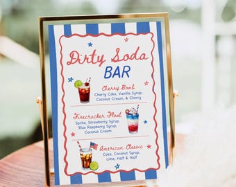 Dirty Soda Bar Sign Template, Editable Canva Menu, Red White Blue Stripe 4th of July Soda Bar Drink Sign, 200+ Drink Icons, Instant Download