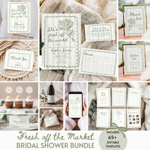 May include: A selection of bridal shower templates with a green and white striped design. The text includes "She's fresh off the market" and "Bridal Shower Bundle". The bundle includes invitations, signs, and recipe cards.