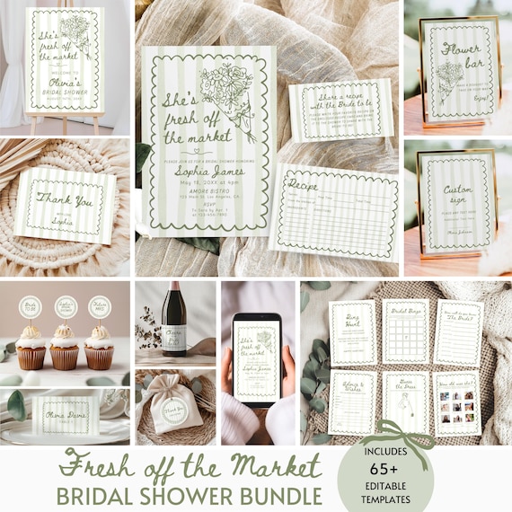 Fresh off the Market Bridal Shower Bundle, Farmer's Market Bridal Shower Invite Signs & Games Bundle Hand Drawn Floral Editable Template