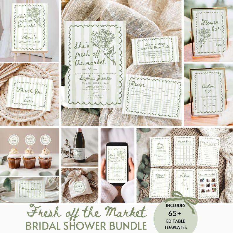 May include: A collection of bridal shower templates with a green and white striped design. The text includes "She's fresh off the market" and "Bridal Shower Bundle". The bundle includes invitations, signs, and recipe cards.