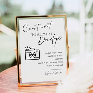 Disposable Camera Sign, Minimalist Wedding Sign, Can&#39;t Wait to See What Develops Sign Guest Photo Camera Instructions Shower Decor Printable