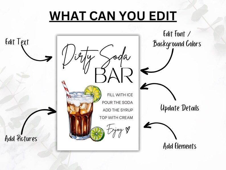 May include: Editable printable sign for a Dirty Soda Bar. The sign features a black and white illustration of a glass of soda with ice, lime wedges, and a red and white striped straw. The text on the sign reads "Dirty Soda Bar" and includes instructions for making the drink: "Fill with ice, pour the soda, add the syrup, top with cream, Enjoy."