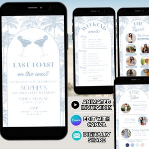 Coastal Bachelorette Party Invitation & Itinerary Digital Template, Last Toast on the Coast Bach Weekend Invite, Beach Bachelorette Editable