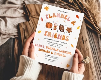 May include: A white invitation card featuring the text Flannel & Friends in retro orange and pink lettering. The design includes illustrations of a pumpkin, a coffee cup, a football, and autumn leaves, with event details for October 12th.