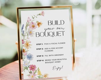 Blomsterbarskylt, bygg din egen bukettutskriftsmall, blommig möhippaskylt, blomsterbarvagnsaffisch med vildblomma och babyshower, utskrivbar