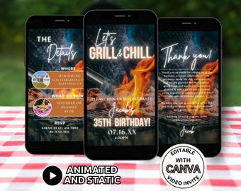 Digital Birthday BBQ Invitation Template, Grill and Chill Party Invite Animated, Bday Cookout Barbeque Dinner Party Celebration Invite Phone