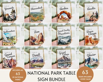 Números de mesa para casamento em parques nacionais, números de mesa com tema de aventura, números de mesa com tema de montanha e floresta, placas de recepção de casamento personalizadas e imprimíveis (63 modelos de Parques Nacionais).