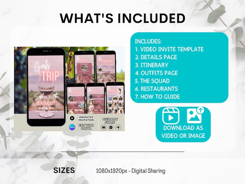 Pode incluir: Um modelo de convite digital para uma viagem de meninas para Napa, Calif&oacute;rnia. O modelo inclui um convite em v&iacute;deo, uma p&aacute;gina de detalhes, um itiner&aacute;rio, uma p&aacute;gina de roupas, a equipe, restaurantes e um guia de como fazer. O modelo tem 1080x1920 pixels e pode ser baixado como v&iacute;deo ou imagem.