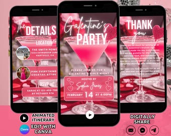 Digital Galentine's Party Invitation Template, Valentines Party Invite, Girls Night Cocktail party Invite, Galentines Drinks Invite Phone