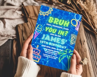 May include: A rectangular birthday invitation card with a blue water-patterned background featuring neon-style graphics of a sun, balloons, ice cream, pizza, a cake, and a palm tree. The text reads: BRUH YOU IN? JOIN US FOR JAMES' 10TH BIRTHDAY.