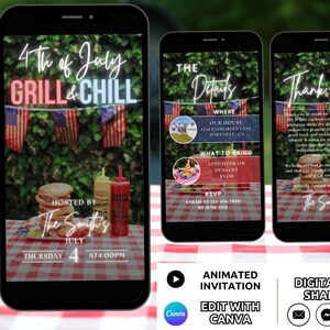 4th of July BBQ Invitation Template, Digital Grill and Chill Party Invite Animated, July 4th Cookout Barbeque Party Celebration Invite Phone