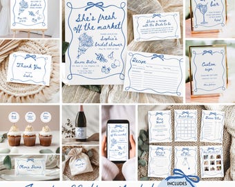 Fresh off the Market Bridal Shower Bundle, Farmer's Market Bridal Shower Invite Signs & Games Bundle Hand Drawn Floral Editable Template