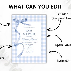 May include: A baby shower invitation with a blue gingham border and a watercolor bow and ribbon. The invitation includes the text "Baby Shower" and details for the event. The image also includes text that says "What Can You Edit".