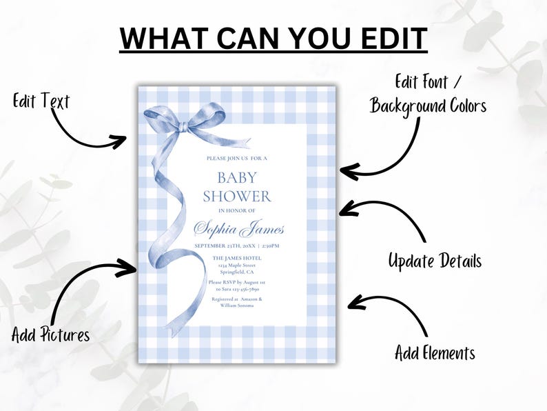 May include: A baby shower invitation with a blue gingham border and a watercolor bow and ribbon. The invitation includes the text "Baby Shower" and details for the event. The image also includes text that says "What Can You Edit".