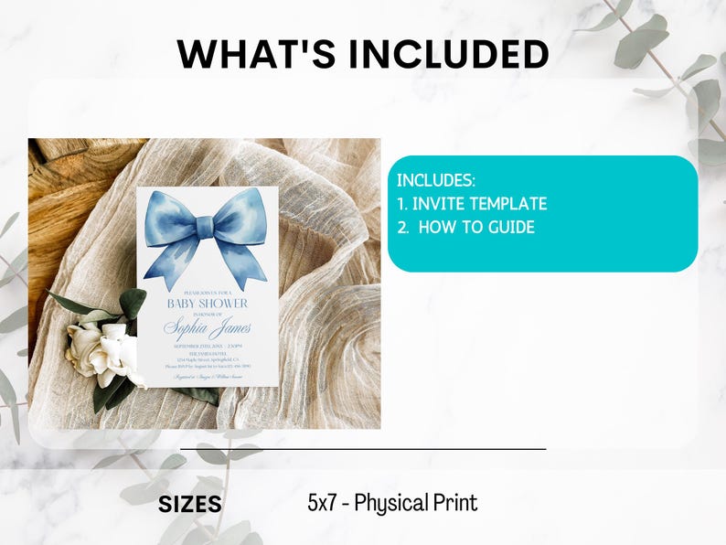 Blue Bow Baby Shower Invitation Template, Boy Baby Shower Invite