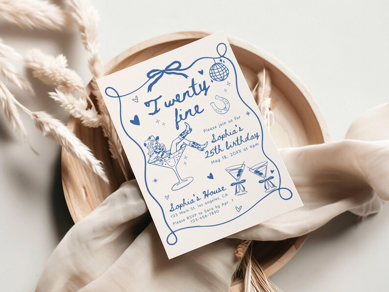 Hand Drawn Twenty Fine Birthday Party Invitation Template, 25th Birthday Invite, Cowgirl 21st 24th Birthday Dinner Celebration Printable image 4