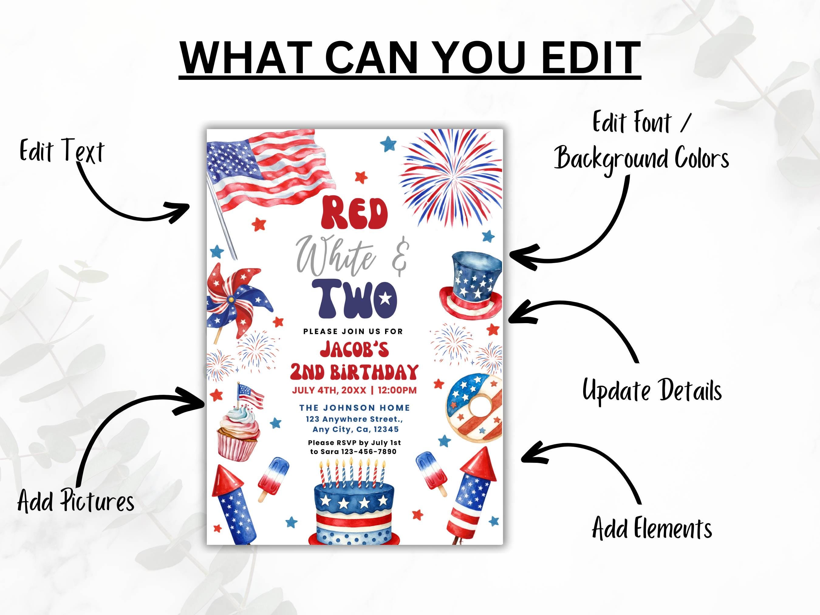 Red White & Two Birthday Party Invitation Template, 2nd Birthday Invite ...