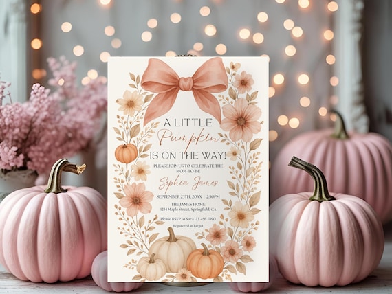 Pink Bow Pumpkin Baby Shower Invitation Template, A Little Pumpkin is on the Way Baby Shower Invite, Fall Floral Coquette Invite Editable
