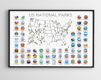 National Park Poster, US National Parks Map Checklist Gift, Digital Picture Travel Adventure Map, NPS Bucket List Check List, Gifts for Him
