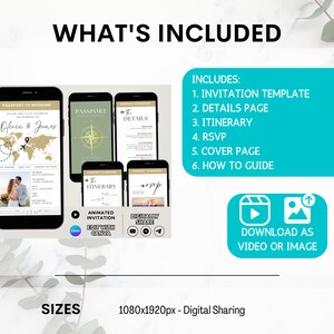 May include: A digital wedding invitation template with a passport theme. The invitation includes a cover page, details page, itinerary, RSVP, and a how-to guide. The invitation is available for download as a video or image and is 1080x1920 pixels.
