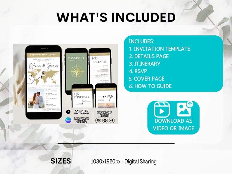May include: A digital wedding invitation template with a passport theme. The invitation includes a cover page, details page, itinerary, RSVP, and a how-to guide. The invitation is available for download as a video or image and is 1080x1920 pixels.