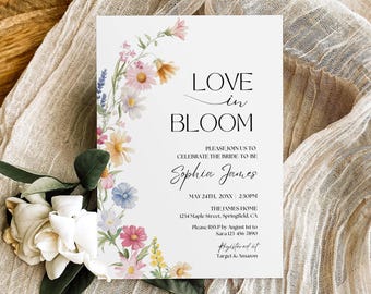 Szablon zaproszenia na wieczór panieński Wildflower Love in Bloom, zaproszenie na wieczór panieński z motywem kwiatowym Pastelowe kwiaty wiosenne Zaproszenie na brunch dla panny młodej Edytowalne