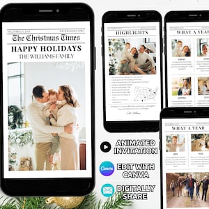 Krant kerstfotokaart digitale sjabloon, jaaroverzicht kerstkaart, geanimeerde familiefoto kerstvakantie nieuwsbrief telefoon