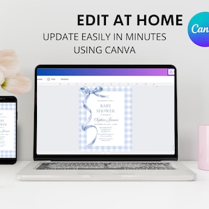 May include: A laptop and smartphone display a baby shower invitation design. The invitation features a blue gingham pattern, a ribbon, and the text "Baby Shower." The Canva logo is visible.